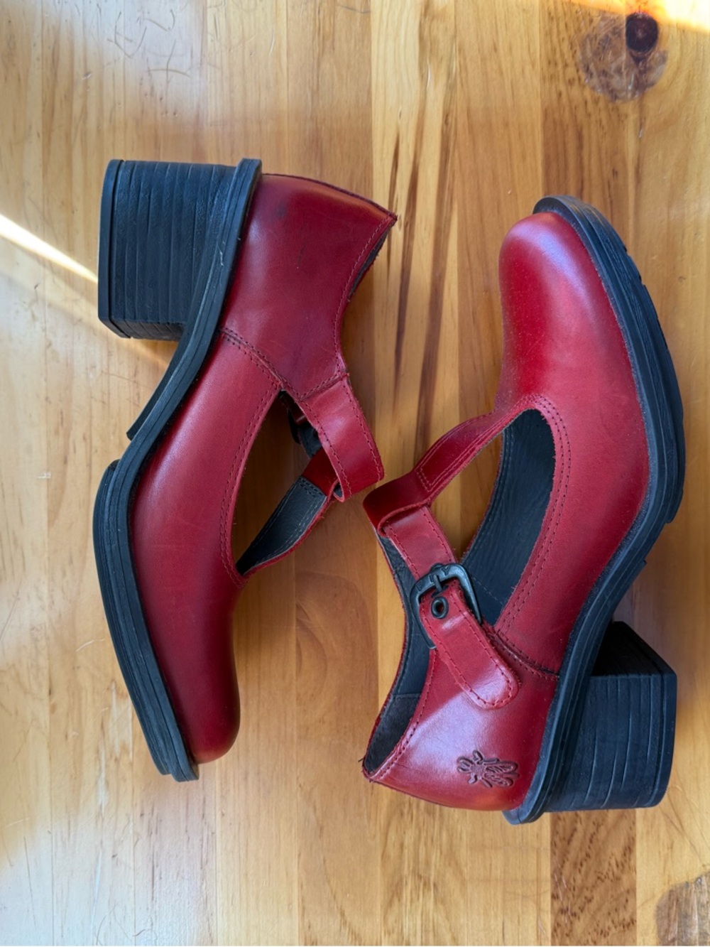 FLY LONDON Women’s Red Mary Jane Block Heel Shoes with Buckle Strap